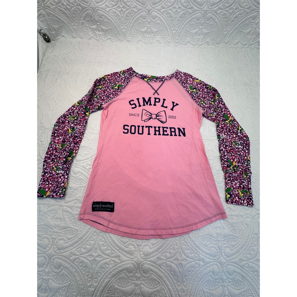 Simply Southern Pink Floral Raglan Long Sleeve Shirt Womens Medium Cotton Top